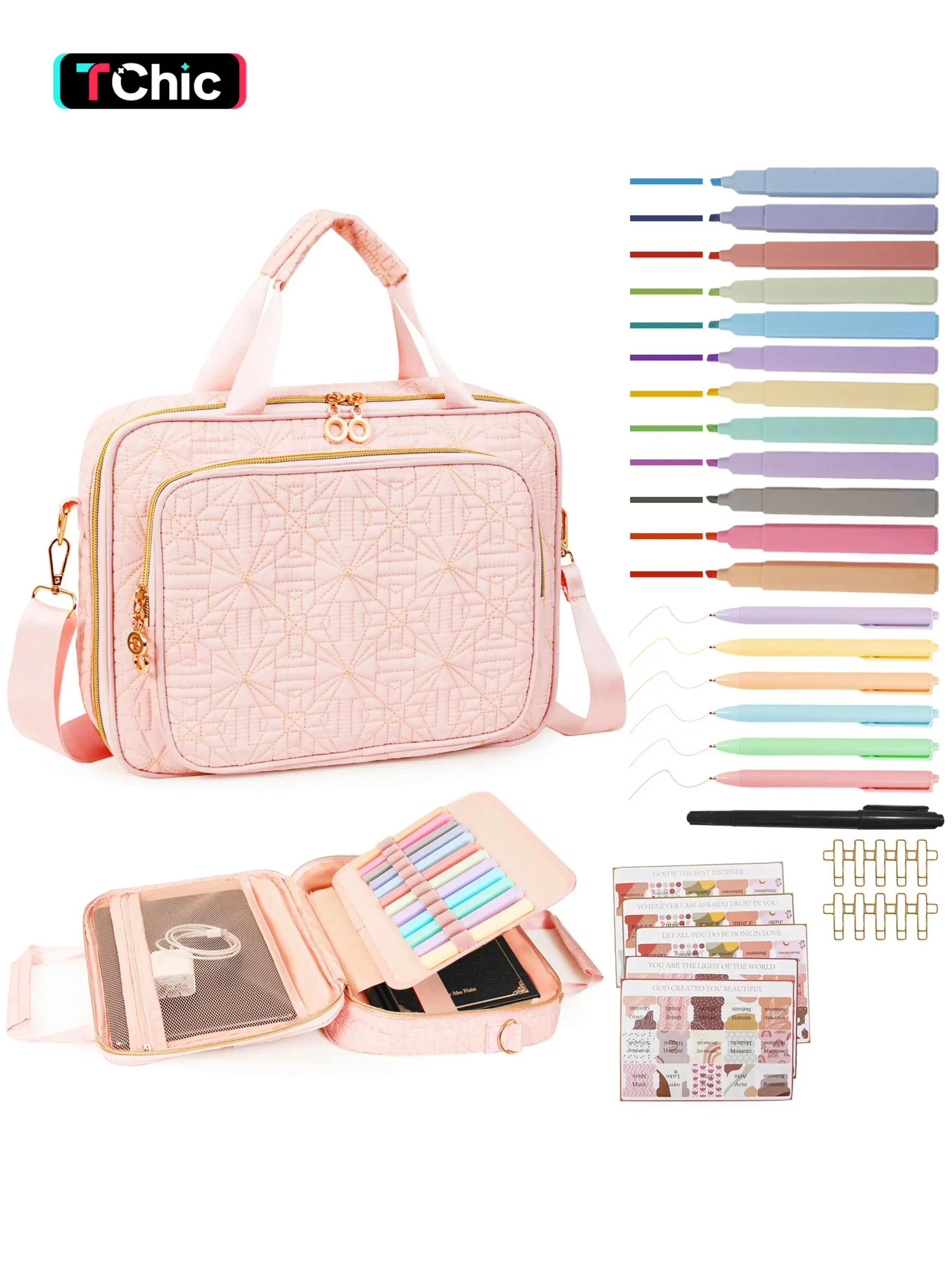 Bible Cover Case for Women Christian Bible Study Kit with Highlighters Tabs, Large Bible Bag with Annotation Kit, Bible Carrying Case for Women with Shoulder Strap Church Bags with Journaling Kit