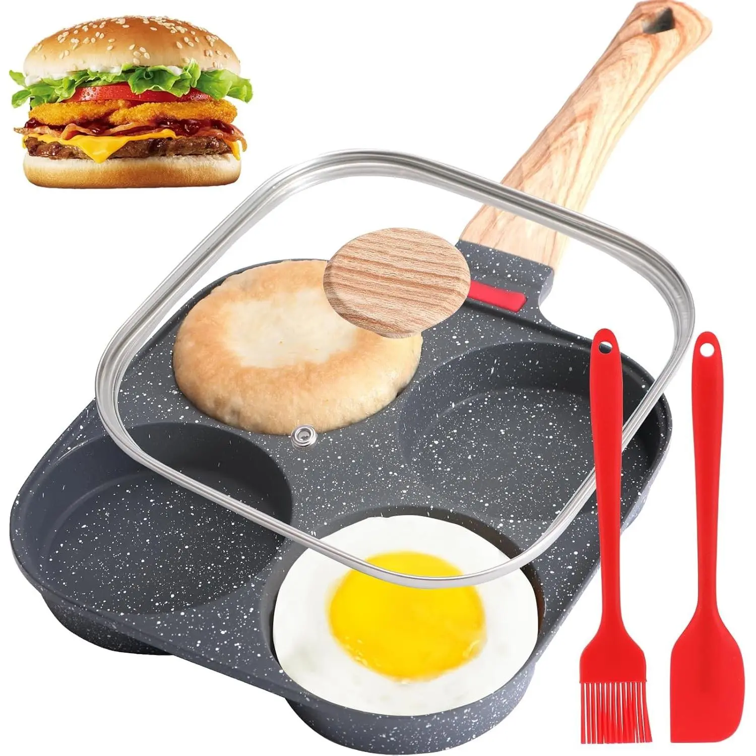 Egg Pan, Premium Egg Pans Nonstick, Omelette Pan with Lid , Healthy Egg Frying Pan for Breakfast, Egg Sandwich, Hamburger, Pancake, Egg Skillet Suitable for Gas Stove & Induction Cookware (Black)