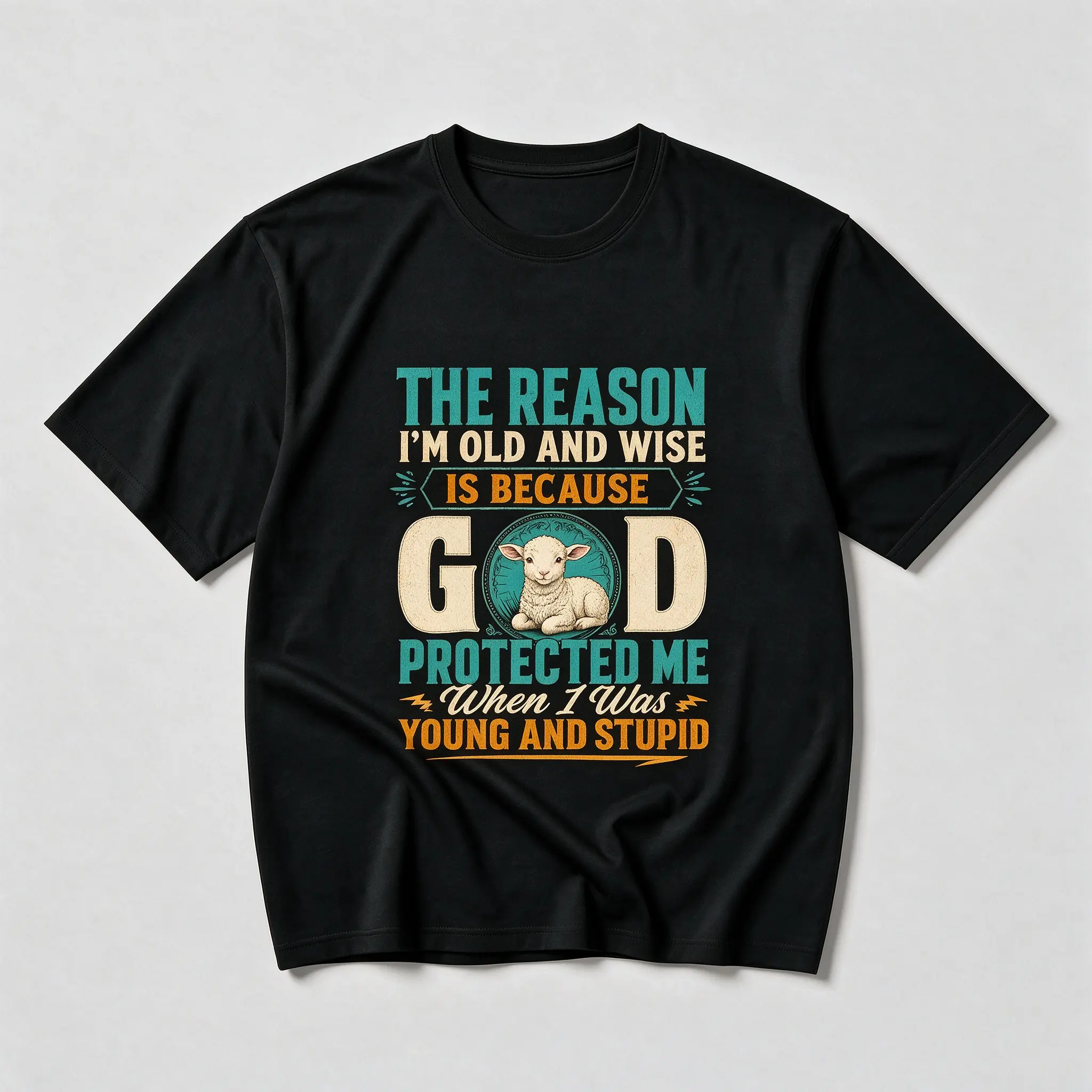 Unisex 100% Cotton Christian Lamb T-Shirt, Multicolor Retro Street Funny Quote Graphic Print, Lighthearted Sarcastic All-Seasons Casual Top, Spiritual Gift For Men Women, Fabric