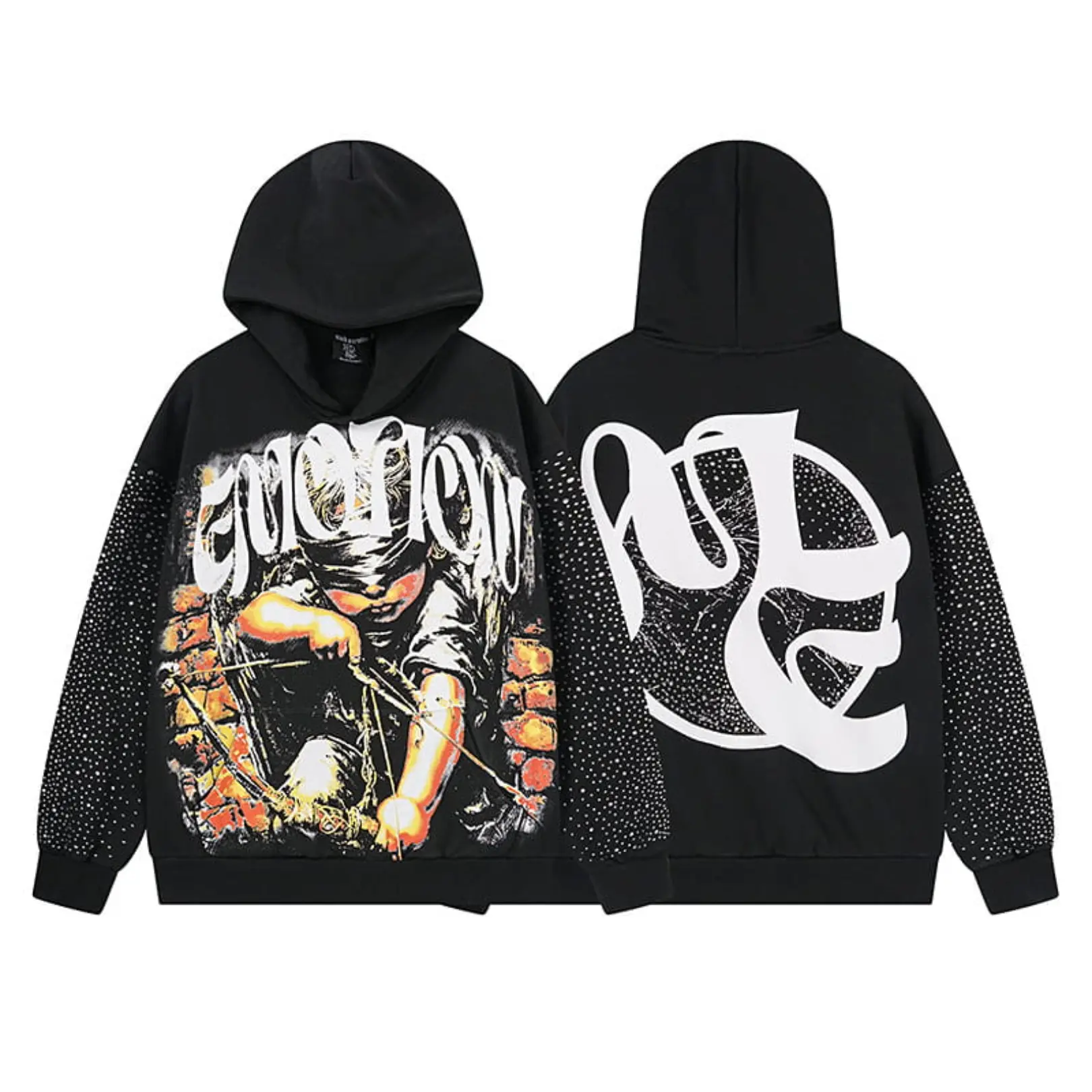 MIXED EMOTIONS Black Rhinestone Zip Up Hoodie 100% Cotton Loose Oversized Y2K Graphic Print Hooded Sweatshirt Streetwear Jacket Top Men Women Unisex