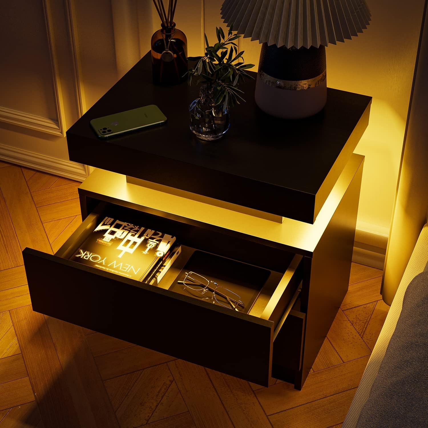 Bedroom Nightstand with 2 Drawers and 16-Color Adjustable RGB LED Lights, Modern Bedside Table Storage