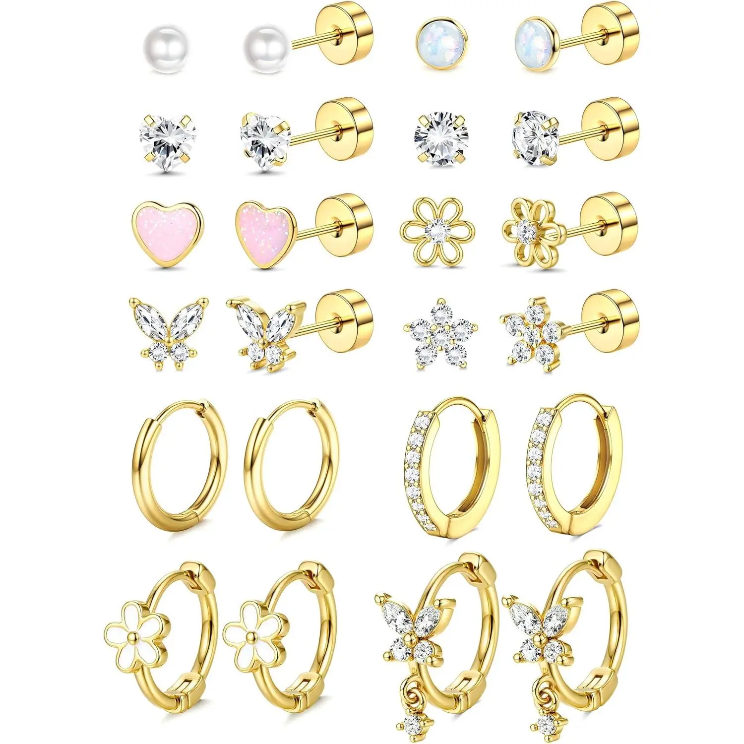 Hypoallergenic Flat Back Earrings for Women Girls-Cute Toddler Kids Teen Girls Earring Set-Surgical Steel Earrings for Sensitive Ears-14K Gold Plated Stainless Steel Flatback Studs Screw Back Small Hoop Cartilage Earring Stacks
