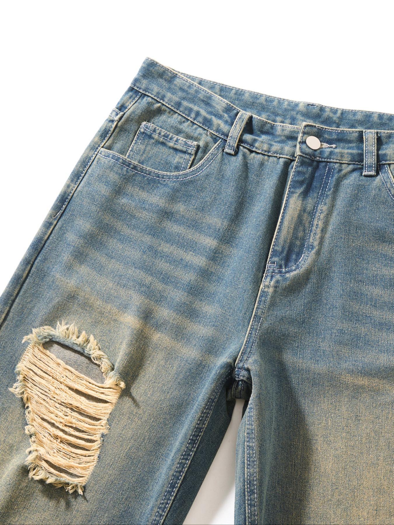 Men's Vintage Wash Distressed Straight Leg Light Wash Jeans, Loose Casual Comfy Denim Jeans for Daily Wear, Wide Leg Jeans for Men, Men's Denim Jeans for All Seasons