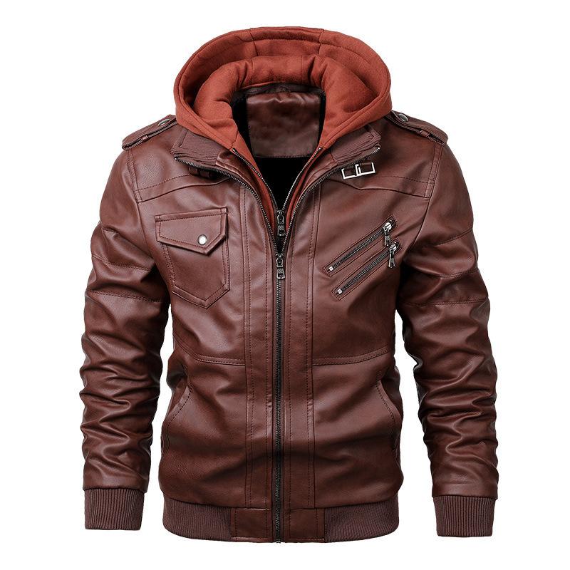 Men Brown Leather Motorcycle Jacket with Removable Hood Hoodie Casual