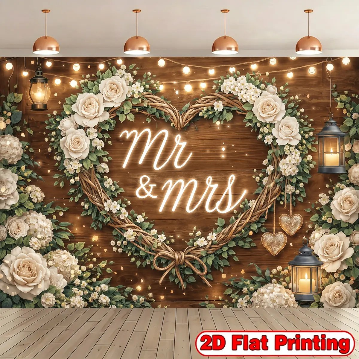2D Flat 1pc Mr & Mrs Wedding Backdrop Banner, Rustic Wood White Rose Floral Mr and Mrs Photography Background, Polyester Bridal Shower Anniversary Decor, Indoor Outdoor Garden Yard Wedding Photo Prop