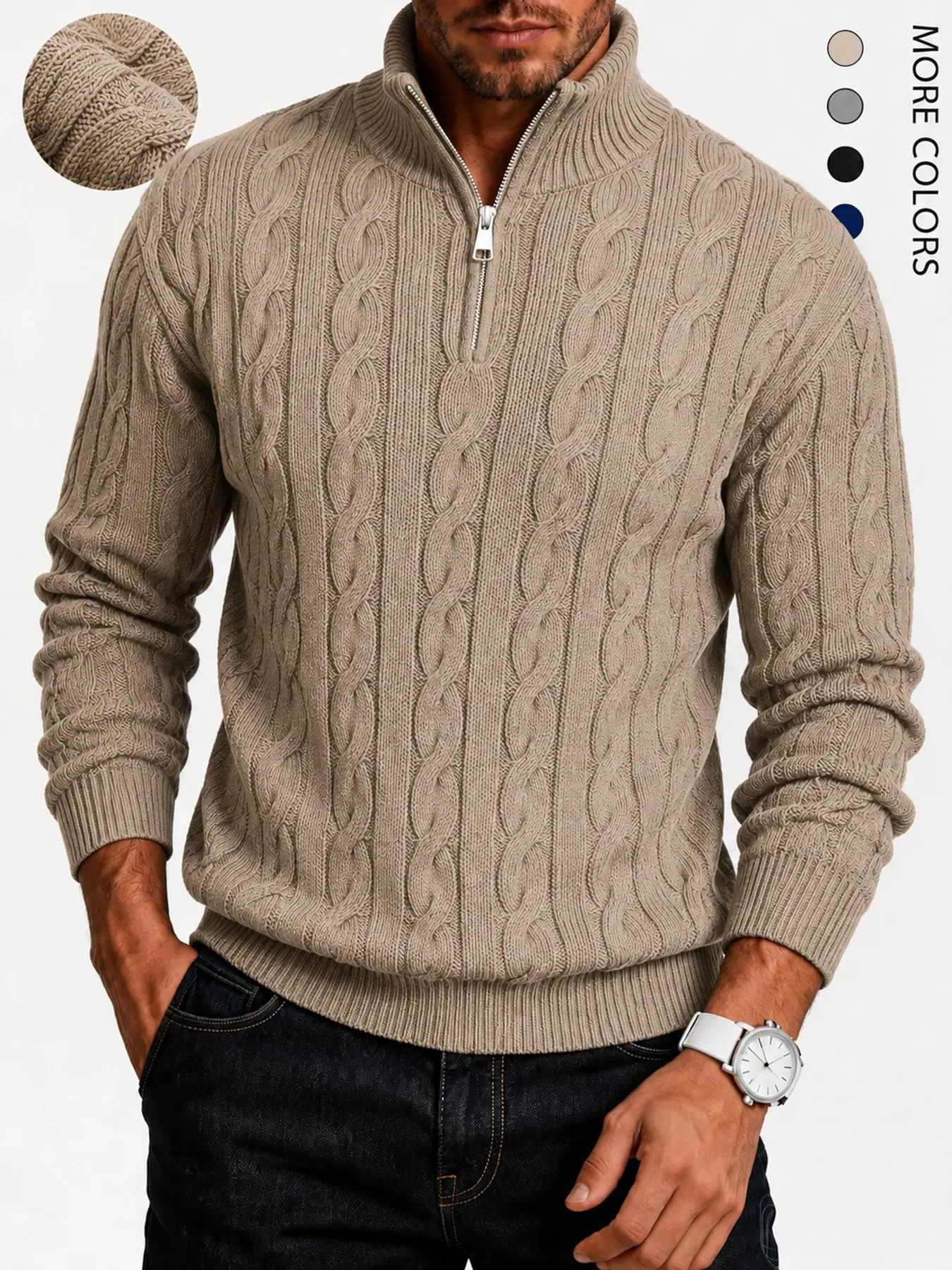 Men's solid color zipper sweater, fashionable knit long sleeved, quarter zipper knit stand up collar, polo , classic jacket, casual knit, casual elegant fabric, college style outdoor wear, open jacket Turtleneck Knitwear valentine sweater Menswear