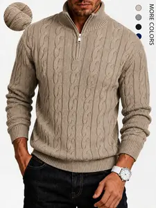Men's solid color zipper sweater, fashionable knit long sleeved, quarter zipper knit stand up collar, polo , classic jacket, casual knit, casual elegant fabric, college style outdoor wear, open jacket Turtleneck Knitwear valentine sweater