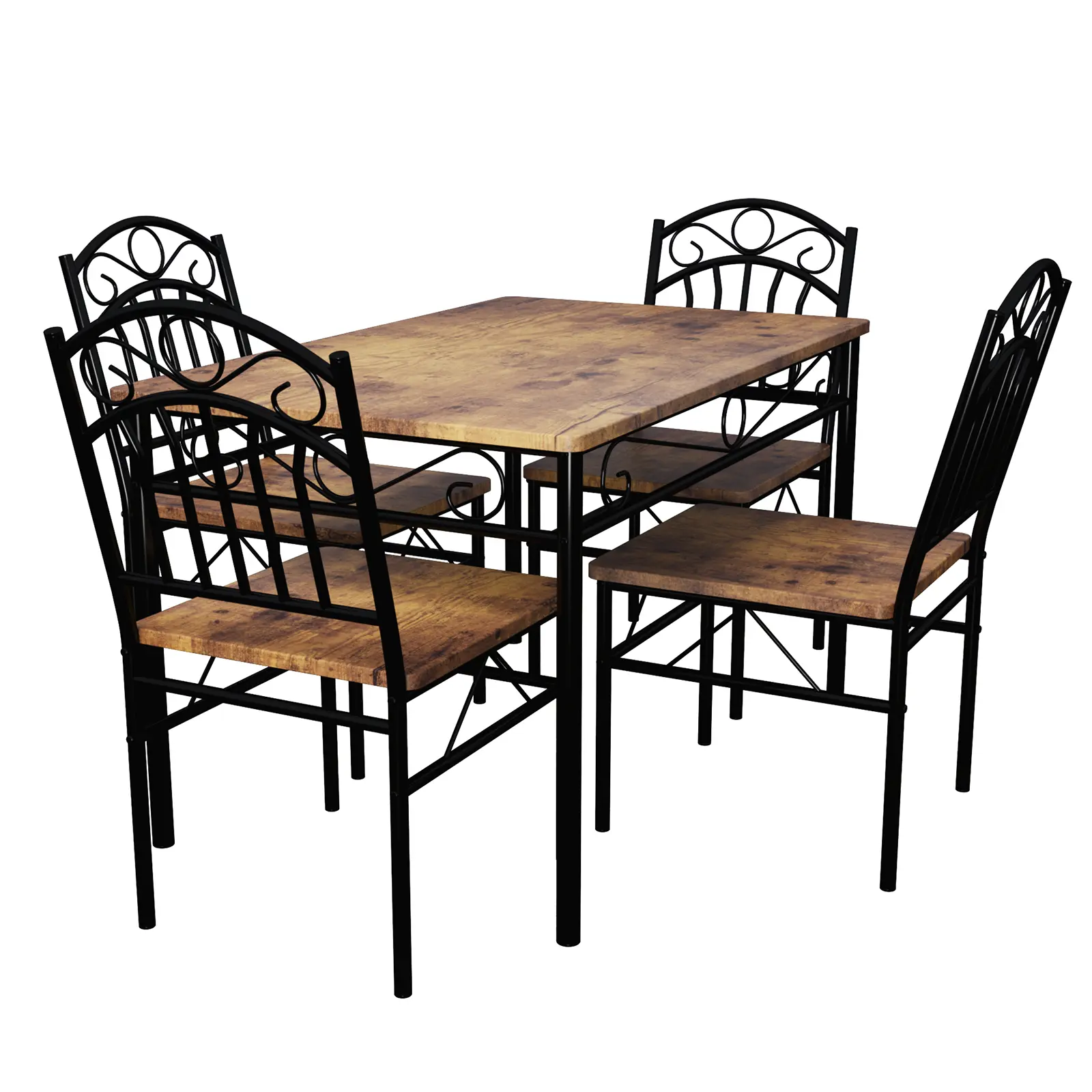 Rustic European Style Dining Table Set for 4, Iron & Firewood Finish Wood, Space-Saving Design