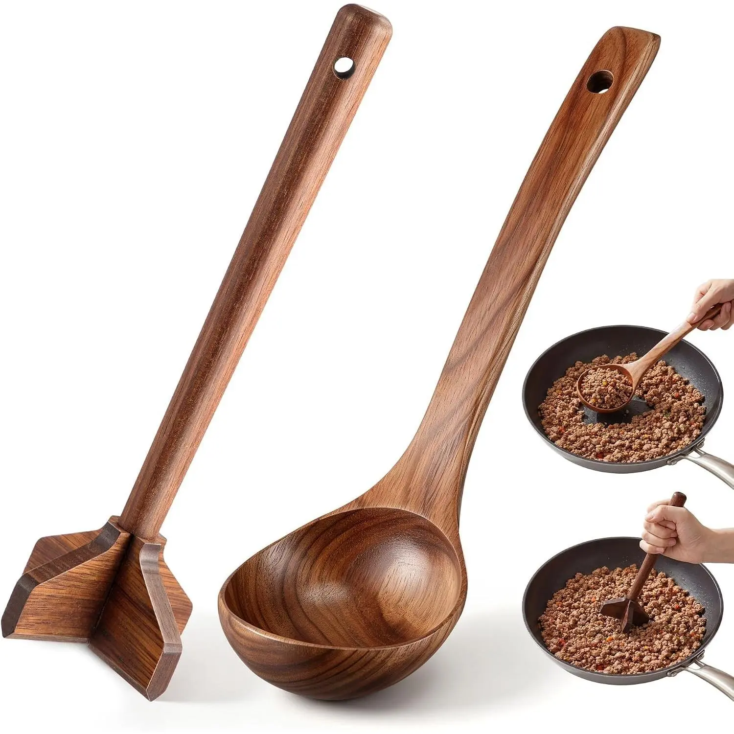 Teak Wooden Meat Chopper & Meat Masher, Ground Beef Masher Set, Wood Ladle