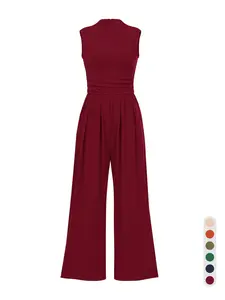 Women's Mock Neck Sleeveless Jumpsuit, Ribbed Knit, Side Ruched, Slim Waist, Back Zip, Open Back, Floor Length, Casual Resort