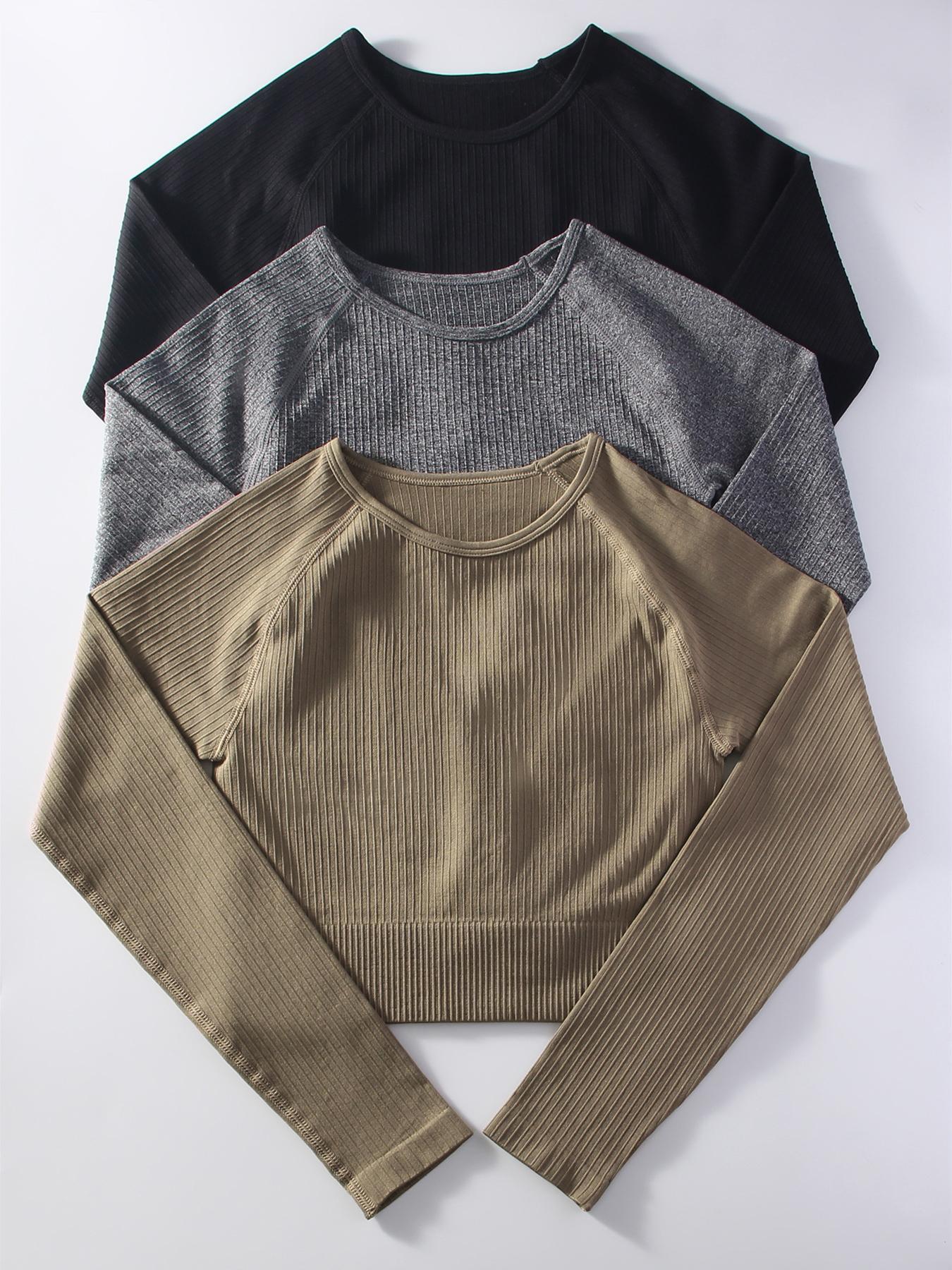 Plain Raglan Sleeve Crop Sports Tee, Casual Round Neck Long Sleeve T-Shirt for Gym Running Training, Women Sport & Outdoor Clothing for Fall & Winter