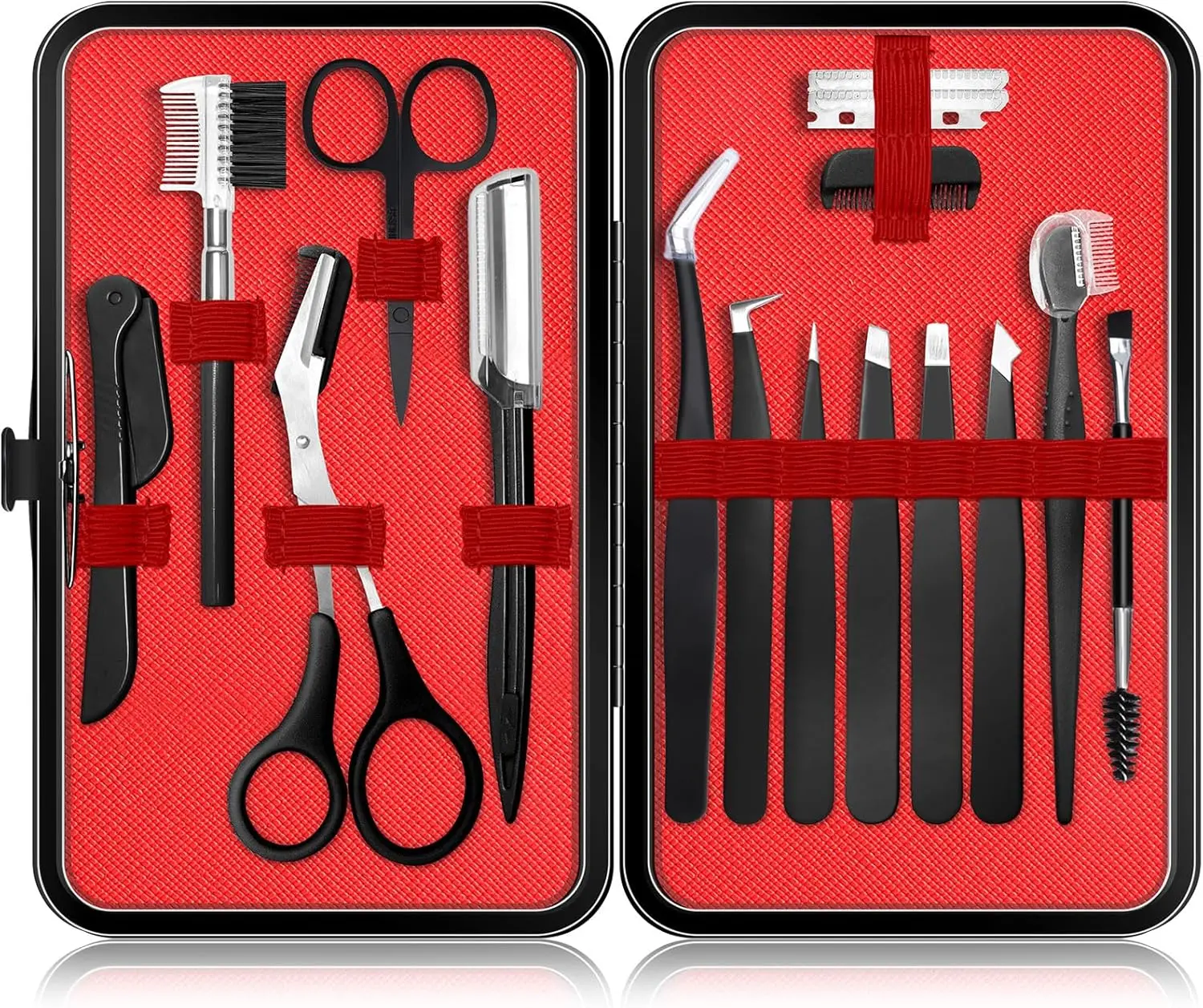 17-in-1 Portable Professional Cosmetic Grooming Kit for Adults - Eyebrow Trimmer, Tweezers, Scissors with Comb, Brow Brushes, Facial Hair Tools, Makeup Bags & Organizers (Beauty & Personal Care Makeup Tools)
