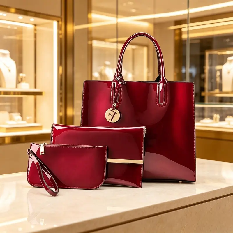 Ladies' glossy patent leather 3-piece handbag set, luxury shoulder bag, matching handbag and wrist coin bag, elegant large capacity handbag, ladies' formal business work handbag, wedding party fashion gift daily shopping bag
