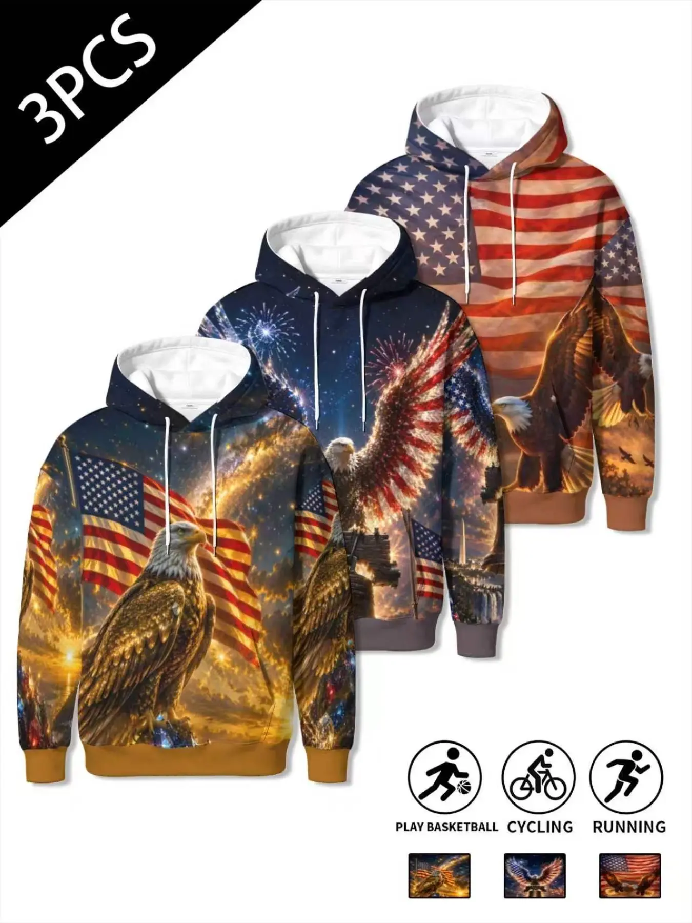 3-Piece Independence Day Eagle Full-Print Hooded Sweatshirt Set, Vintage Star-Spangled Sunset Fireworks Bald Eagle Trendy Pullover Hoodies