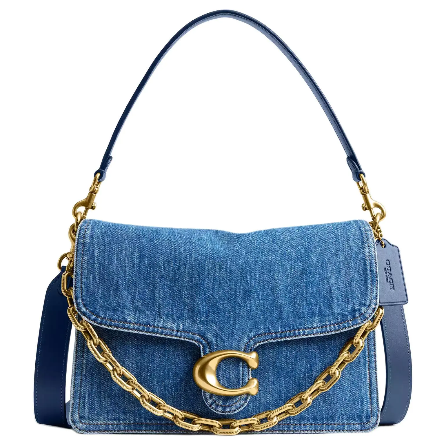 COACH Tabby 30 Detachable Chain Strap Denim Crossbody Bag for Women in Brass-Tone and Deep Blue