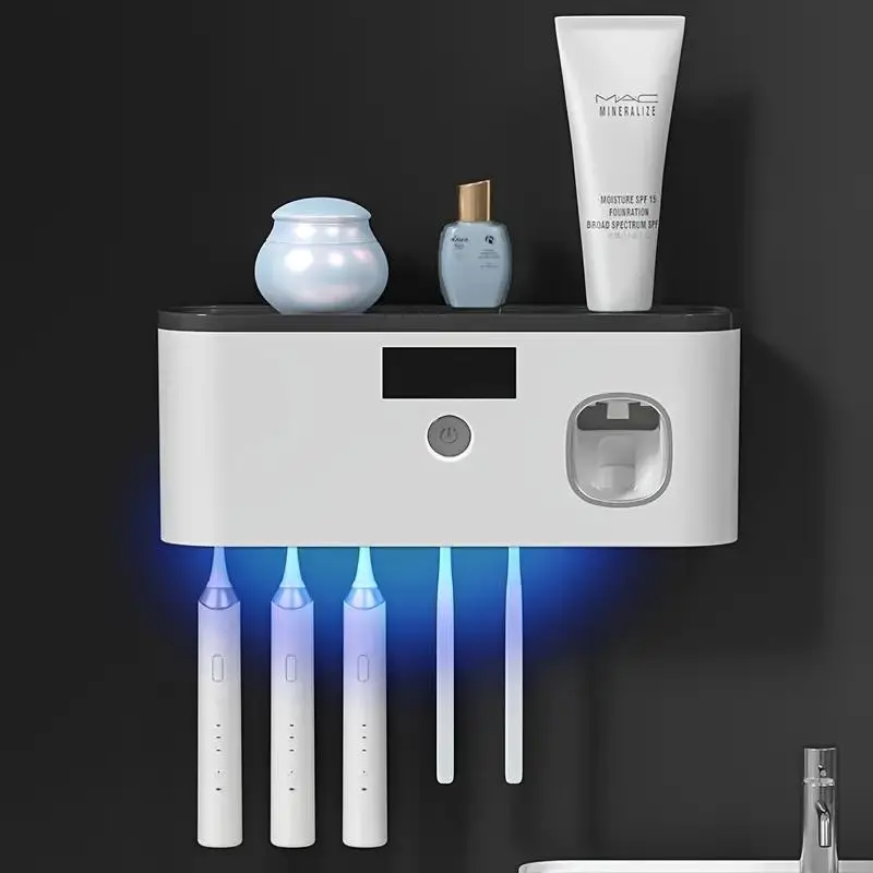Smart Toothbrush Holder with Automatic Paste Dispenser, Wall Mounted, 5 Slots Storage, Durable Plastic, USB Charging, Modern Bathroom Organizer