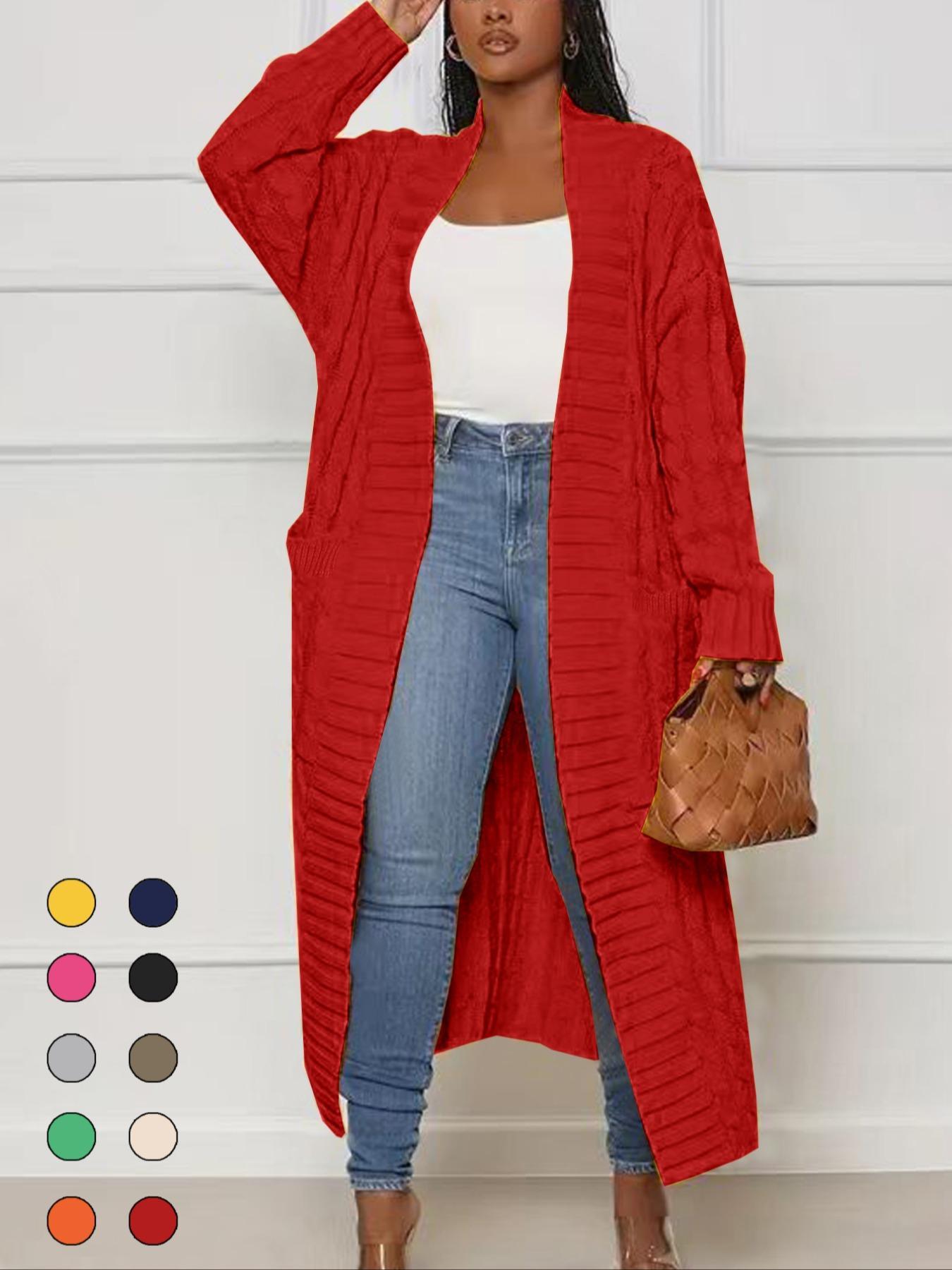 Women's Solid Color Textured Drop Shoulder Pocket Longline Cardigan, Casual Open Front Knitwear for Fall & Winter, Women's Knit Clothing for Daily Wear, Sweaters for Women