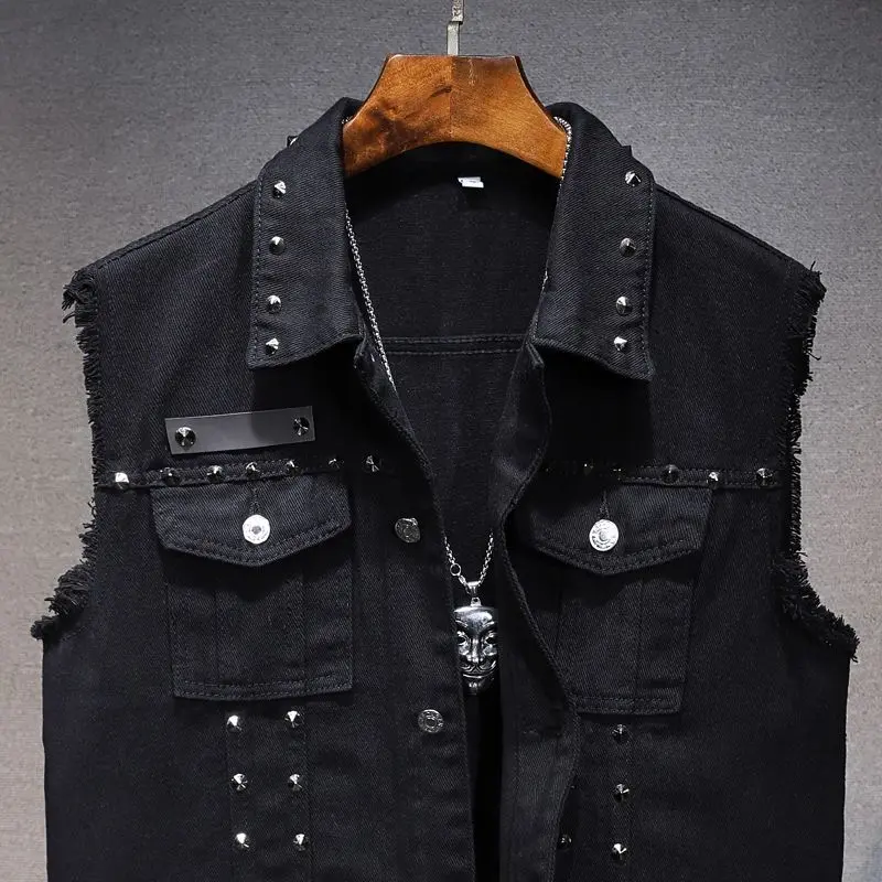 Men's Sleeveless Denim Look Vest, Studded American Street Style Top with Geometric Print, Loose Fit Casual Summer Menswear, Tops, Vest Top