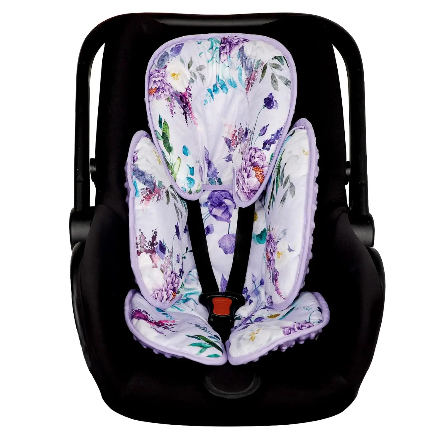 2-in-1 Infant Car Seat Insert - Soft Cushion with Head Support for 0-3 Months Baby Boys, Fits Stroller Seats (Purple Flower)