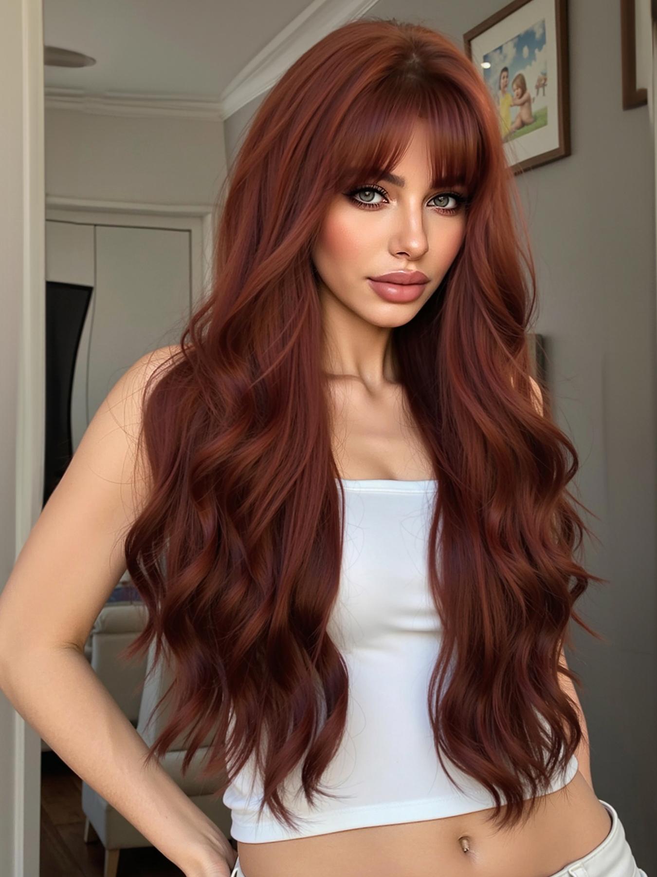 Long Wavy Wig with Bangs, 26 Inch Synthetic Fiber Wig for Women and Girls, Perfect for Daily Wear, Parties, Cosplay and Music Festivals, Curly Wigs