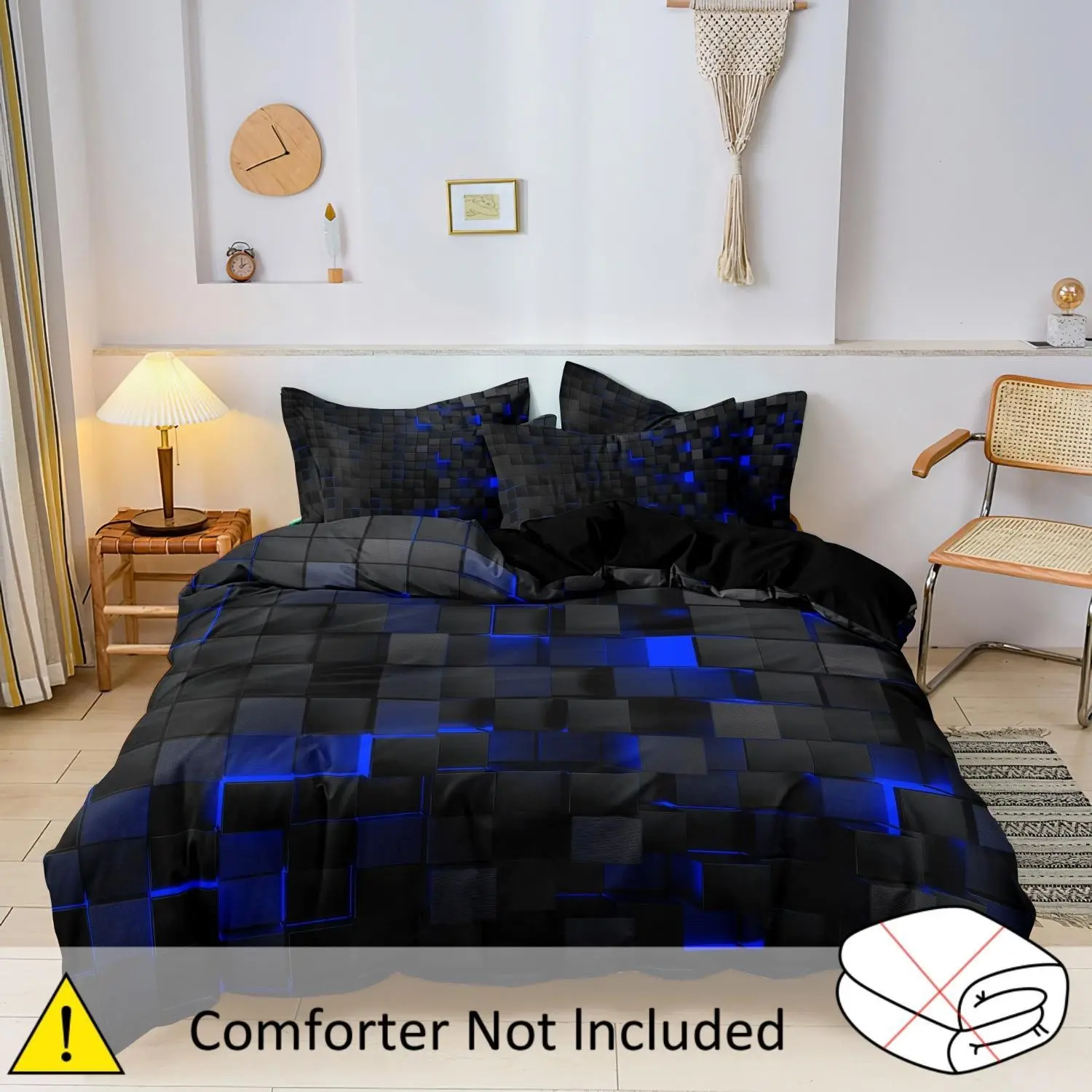 3Pcs Neon Geometric Square Duvet Cover Set, Multiple Colors Glowing 3D Block Grid Print Bedding Set, Soft Polyester Comforter Cover with 2 Pillowcases for Teen Bedroom Home Decor, No Comforter Included