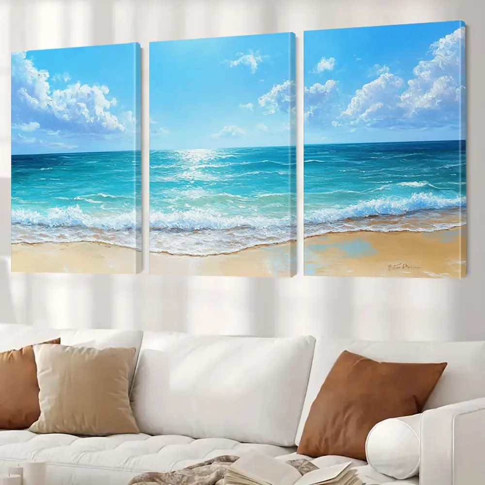 Set of 3 Seawater art, blue sky decoration, wave illustrations, white clouds canvas paintin Canvas Wall Art Framed, Abstract Painting Print Poster Aesthetic Wall Decor, Home Artwork for Living Room Bedroom Dining Room Kitchen Hallway Office, Ready to Hang