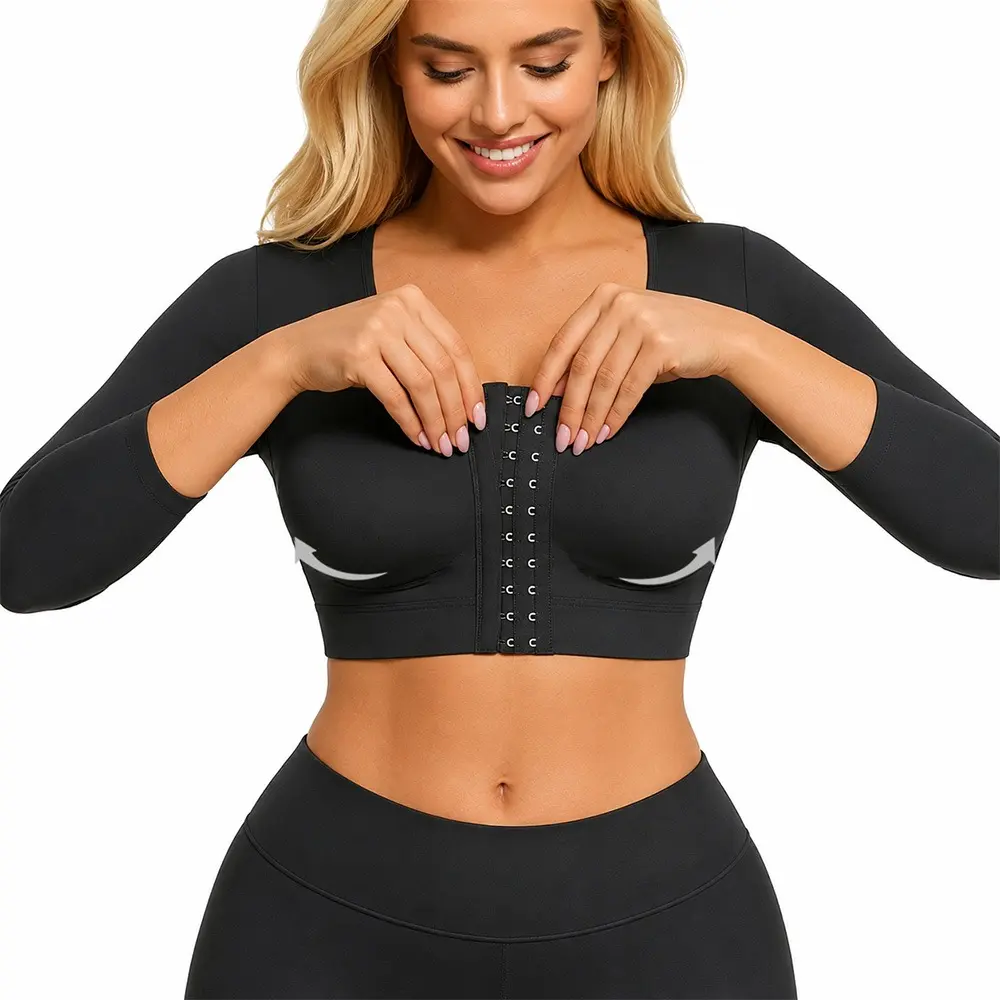 S‑5XL Women Post‑Surgery Arm Shaper, Front Hook Closure Bra with Arm Compression Sleeves, Seamless Compression Garment for Arm Lipo, Flabby Arms & Lymphedema Support Shapewear,bra top yoga