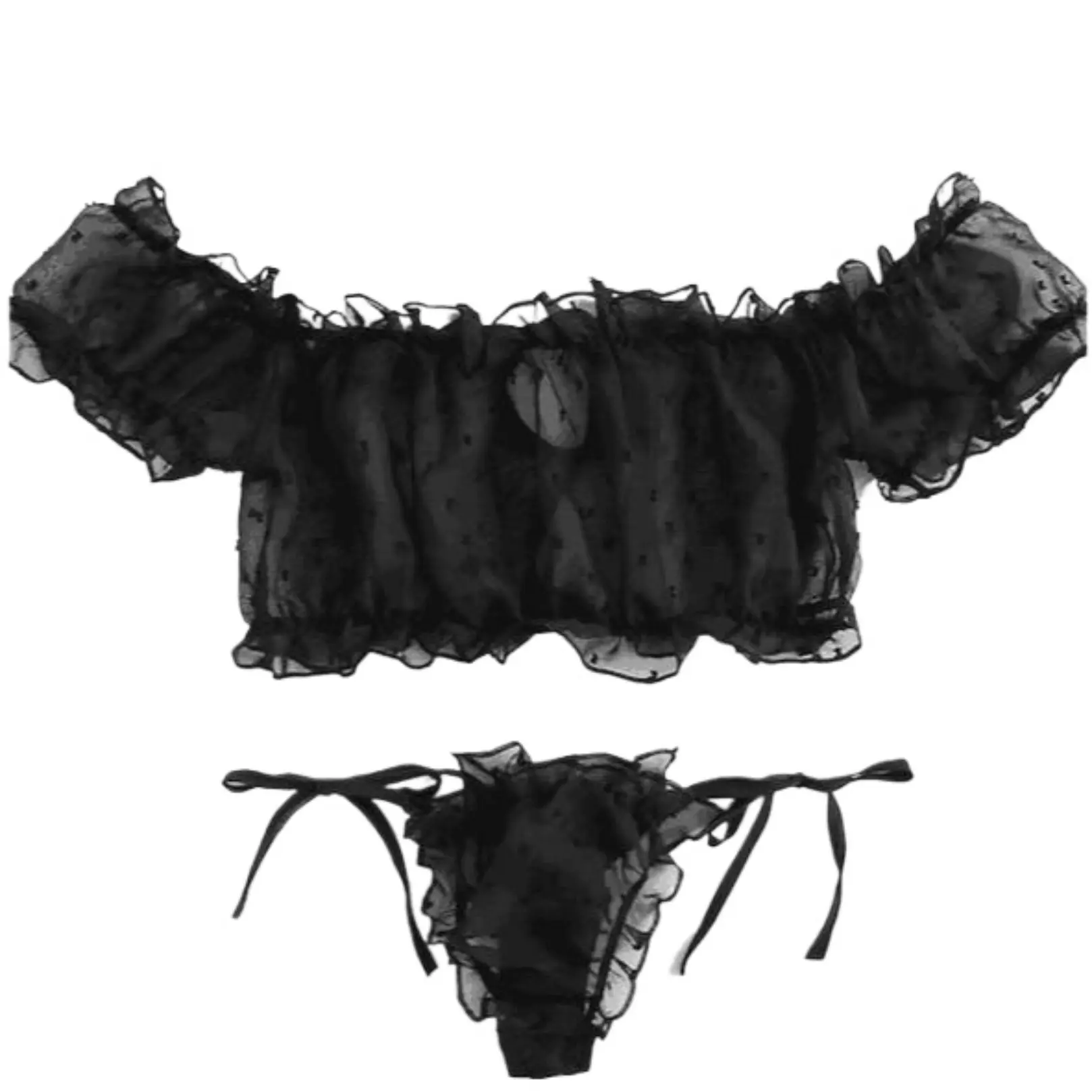 Women's Polka Dot Print Sheer Mesh Sexy Feminine Lingerie Set, Romantic Sexy Frill Trim Puff Sleeve Top & Panty for All Seasons, Women's Sexy Lingerie Underwear