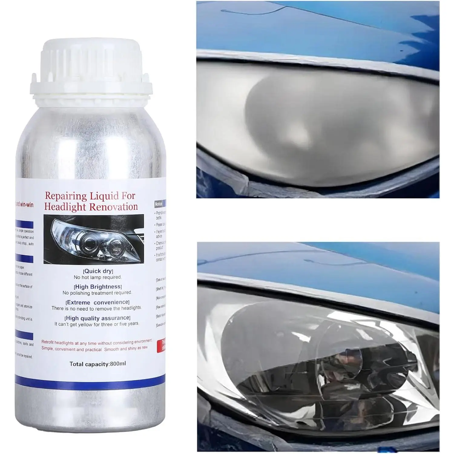 Headlight Restoration Liquid 600ml (800g), Auto Headlight Scratch Restoring Fluid, Headlight Lens Polish Repair Liquid for Repair of Scratch,Yellowed, Haze, Cracked Headlamp