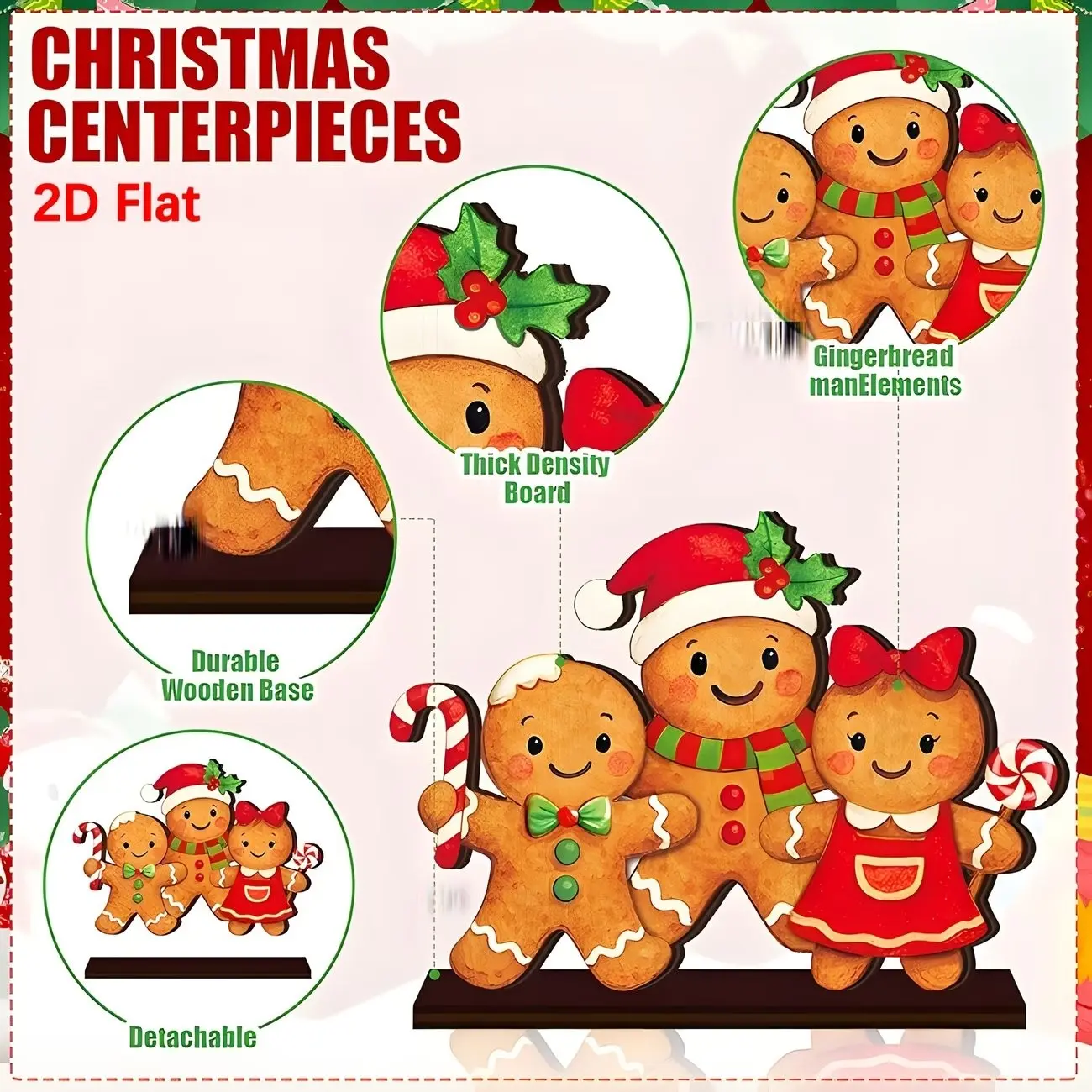 6 Piece Christmas Table Gingerbread Festival Decorations, Wooden Signs, Rustic Candy Cane, Home Office Indoor Decor, 2D Flat Design