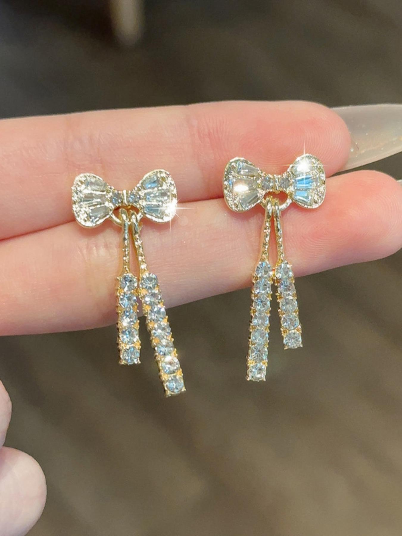 Bow Decor Dangle Earrings, High Quality Earrings, Elegant Rhinestone Decor Drop Earrings for Women, Fashion Jewelry for Party, Daily Birthday Gift