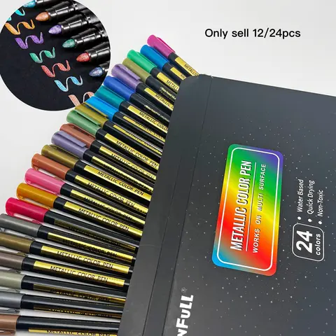 Metallic Paint Marker Pen, 12/24pcs Shimmer Glitter Marker Pen, Metallic Sparkle Pen, Art Supplies for Rock Painting, Black Paper, Scrapbook, Photo Album, DIY Supplies, Art Markers, Art Marker Pens