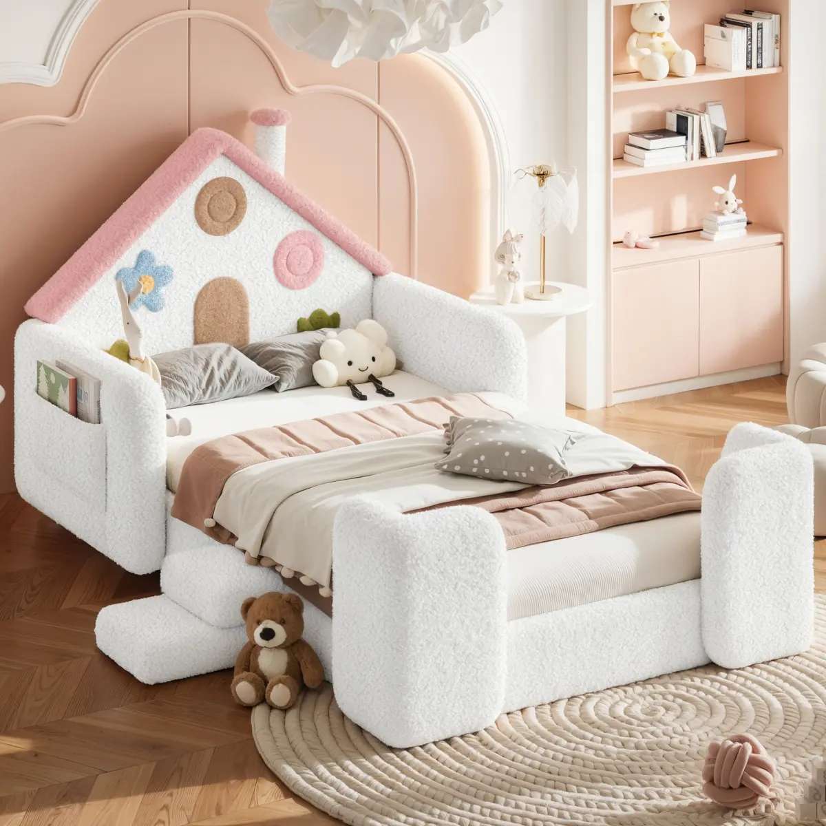 [Bellemave] Twin/Full Size House-Shaped Upholstered Low Floor Bed Frame with Safety Side Rails, 2-Step Stairs, Bedside Storage Pocket, Easy Assembly