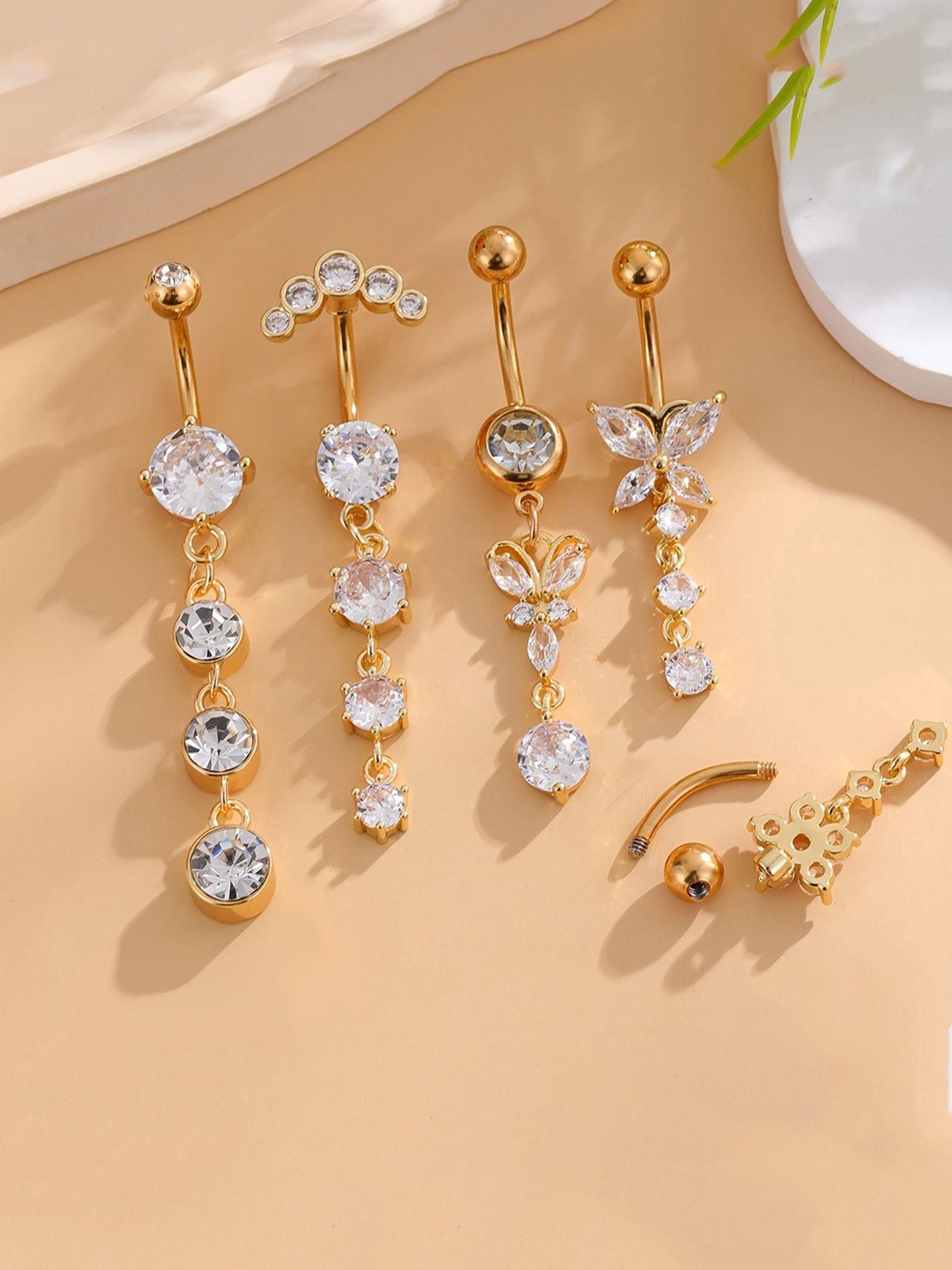 Women's Elegant Butterfly & Flower Design Belly Rings, Stainless Steel Belly Button Rings, Cute Trendy Belly Piercing Jewelry, Fashion Body Jewelry for Party & Daily Decor