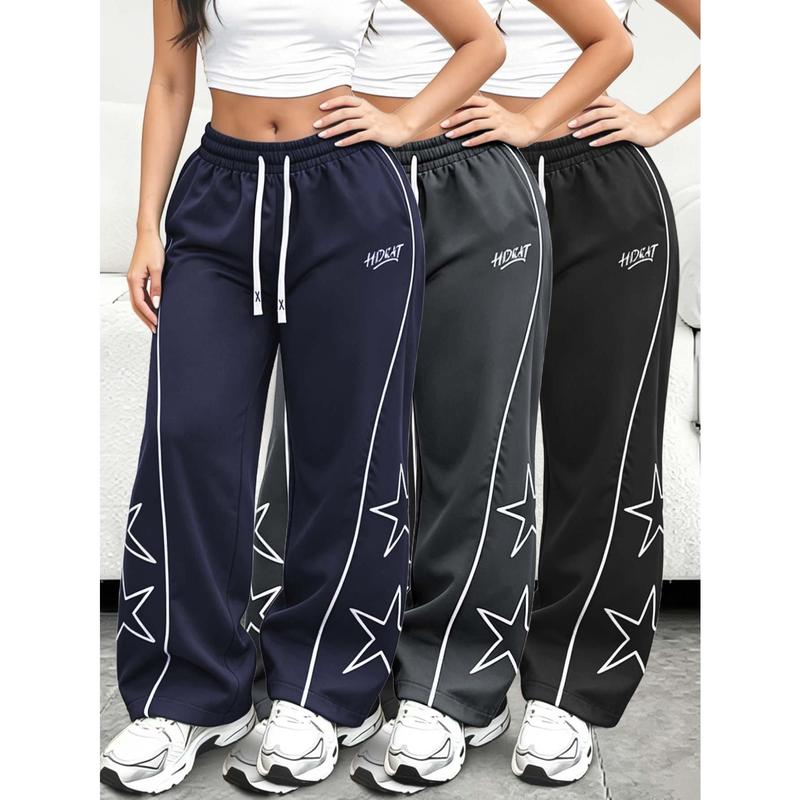 Women's 3-Pack Full Length Casual Sports Wide-Leg Joggers, Retro Y2K Streetwear Trousers with Smooth Drape Wind Resistant Fabric, Star Pattern, Contrast Side Piping, Drawstring Elastic Waist for Street Style & Daily Casual Use