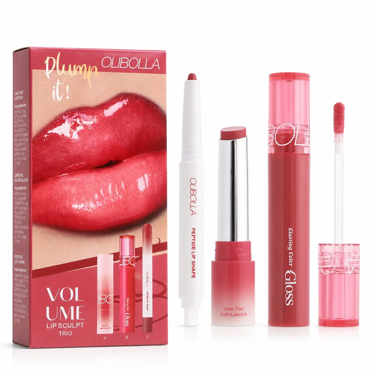 OLIBOLLA Volume Lip Sculpt Trio 3in1 Lip Makeup Set with Peptide, Plumping Moisturizing Define Lips, Daily Makeup & Travel, Non-Sticky Glossy Finish Buildable Color Lip Liner Lipstick Lip Gloss Kit