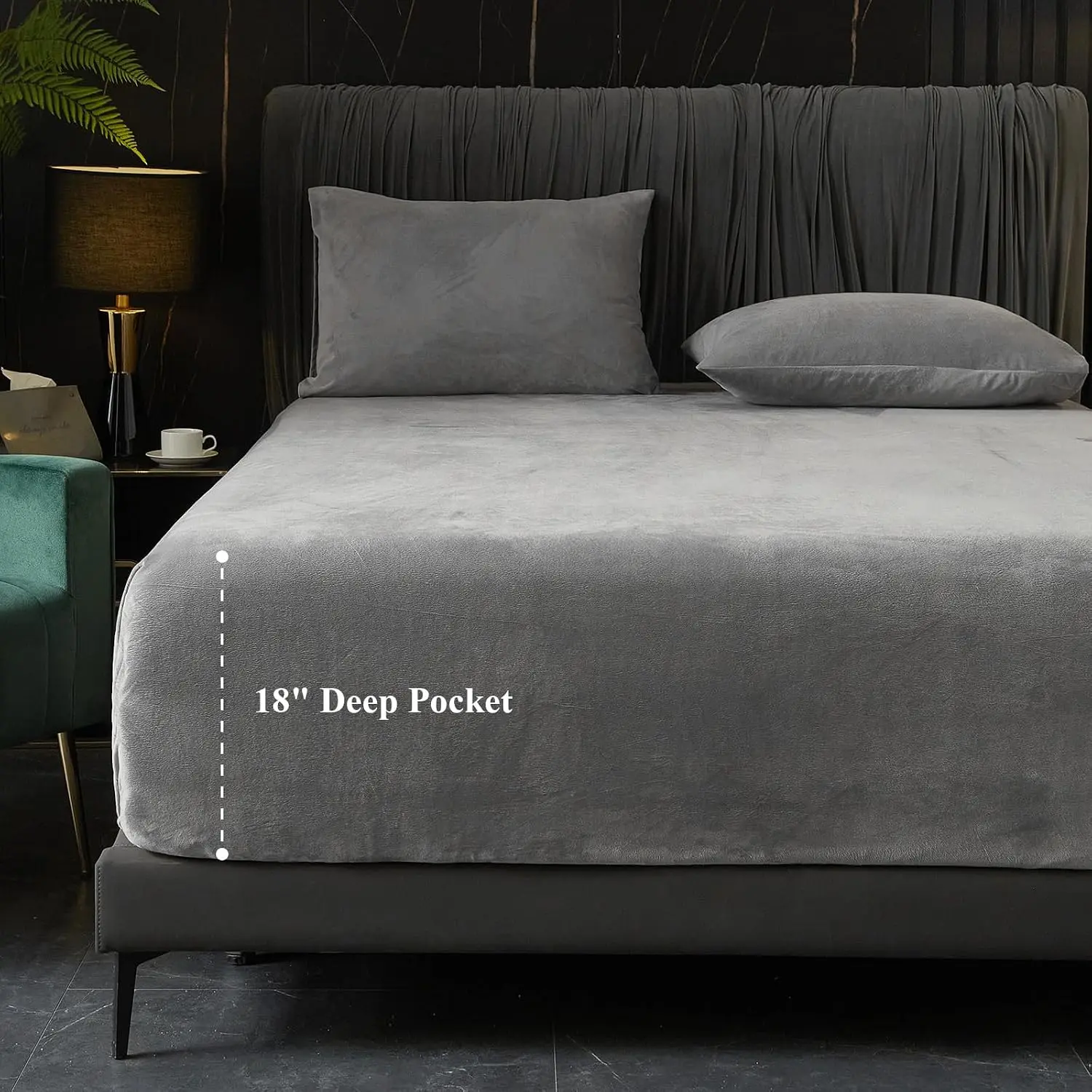Fitted Sheet , 18" Deep Pocket, Grey, 1 Pack | 1 fitted sheet only, no pillowcases. Plush flannel  bottom sheets extra soft warm, 18-inch pocket fits deep mattresses.
