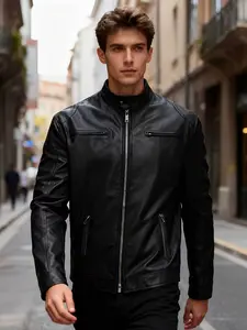 Men's Stand Collar Motorcycle Style PU Leather Jacket, Fall Winter Slim Fit Windproof Multi-Pocket Leather Coat, Stylish Outerwear for Men