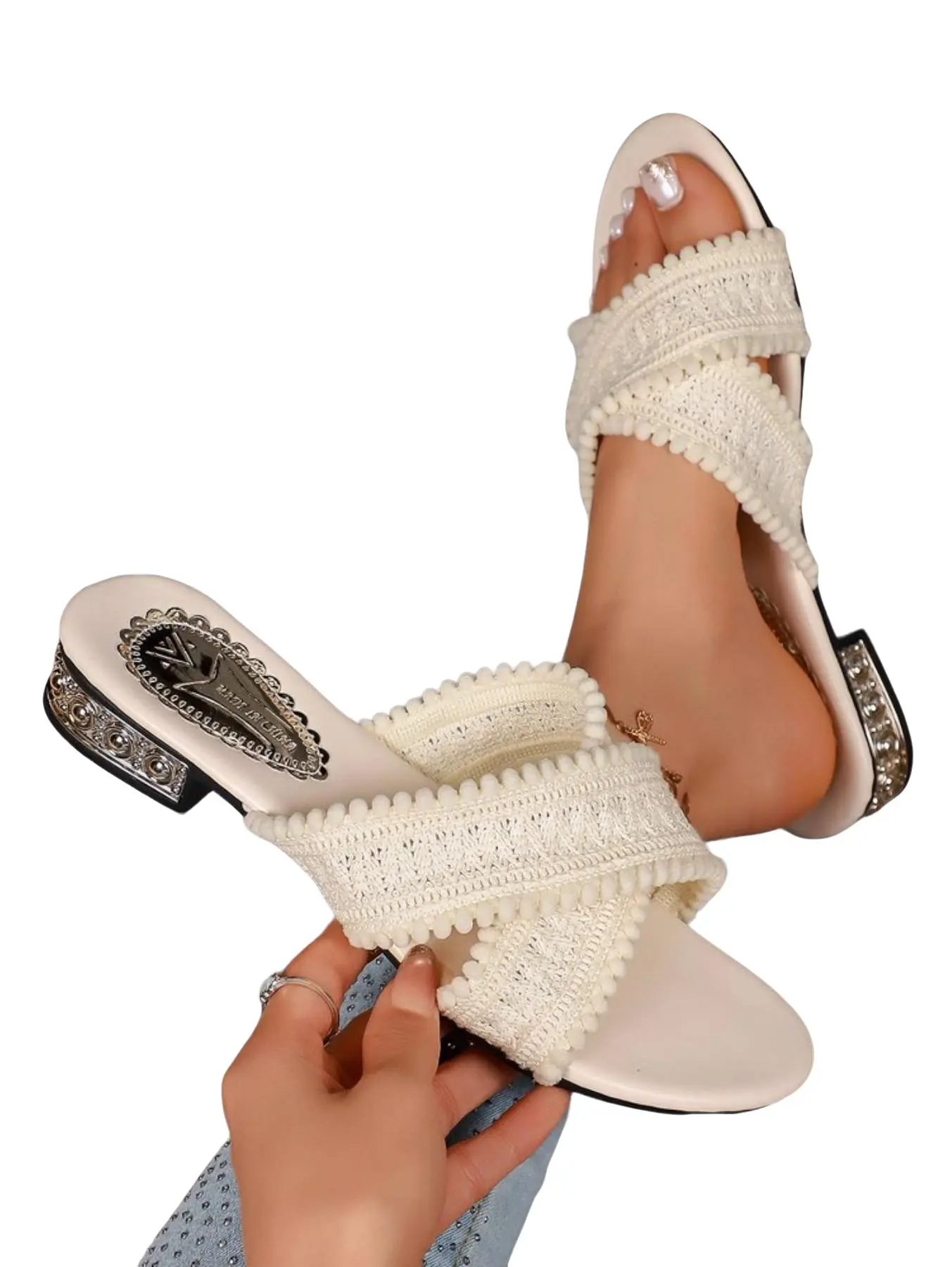 Knit Ball Cross Slippers for Women, Rhinestone Low Heel Square Toe Open-Toe Lazy Slippers, Summer Outdoor Shoes