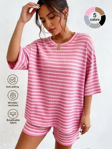 Women's Casual Loose Oversized Striped Set, Summer Short Sleeve Tee & Shorts, Airport Outfit, Home Wear, Sportswear, Fashionable Women's Clothing, Summer Lounge Sets
