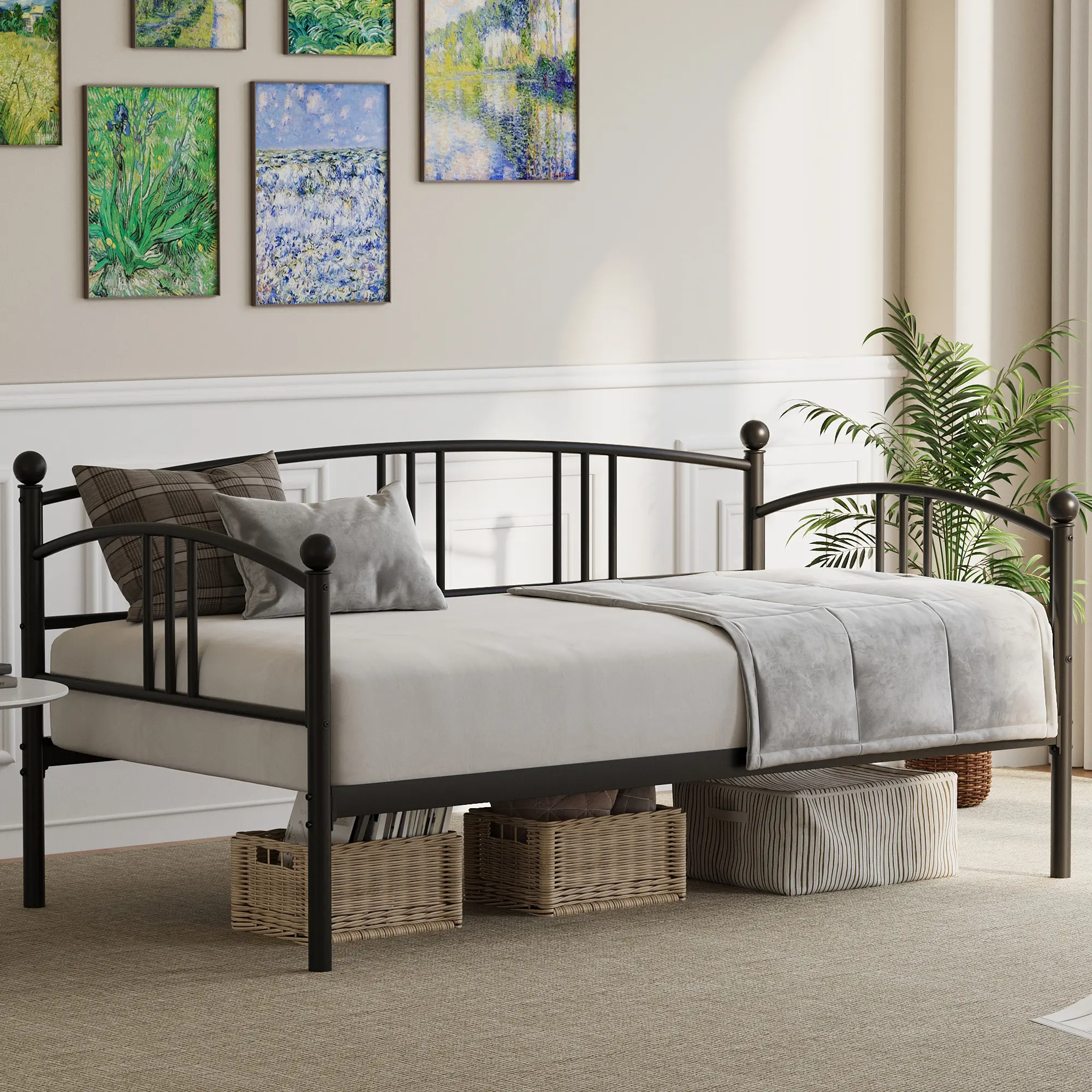 Twin Size Daybed with Steel Slat Support, 12-inch Under Bed Storage, Arched Headboard Sofa Bed for Living Room, Bedroom and Guest Room