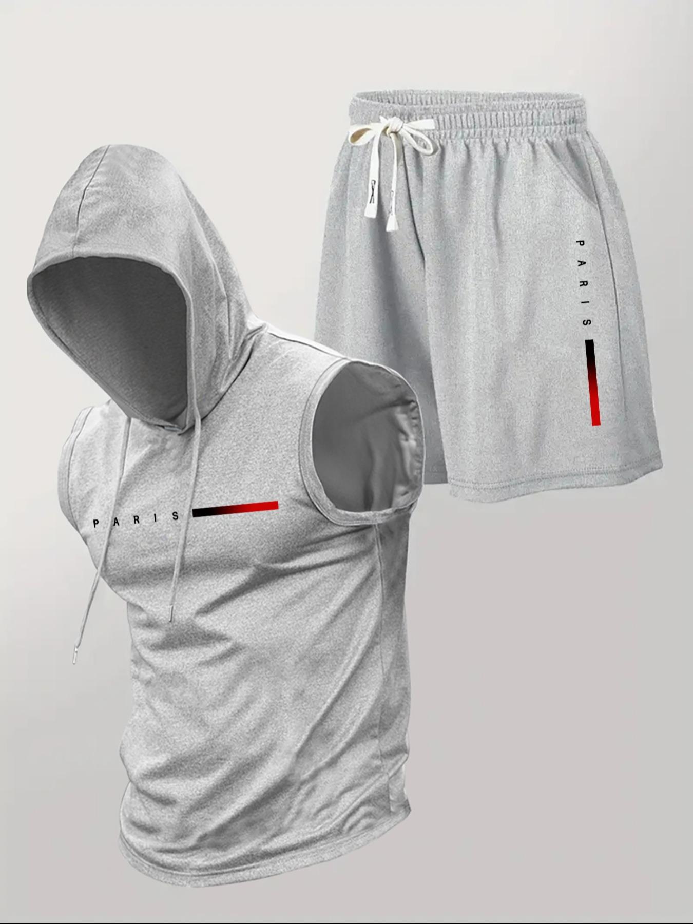 Two-Piece Set Men's Letter Print Hooded Vest & Drawstring Waist Shorts Set, Regular Fit Sleeveless Top & Track Shorts, Casual Summer Clothes Set for Outdoor Sports, Sports Clothing Set