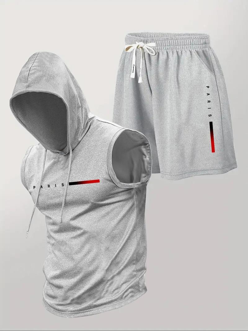 Two-Piece Set Men's Letter Print Hooded Vest & Drawstring Waist Shorts Set, Regular Fit Sleeveless Top & Track Shorts, Casual Summer Clothes Set for Outdoor Sports, Sports Clothing Set