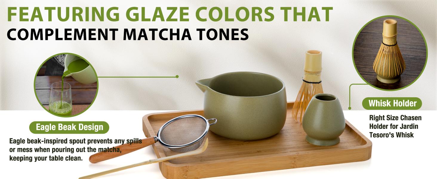 20OZ Matcha Whisk Set - 5PCS Japanese Tea Set Includes Matcha Bowl with Spout, Bamboo Whisk with Ceramic Holder, Bamboo Scoop and Sifter, Matcha Kit for Ceremony, Gift for Matcha Lovers (Matcha Green)