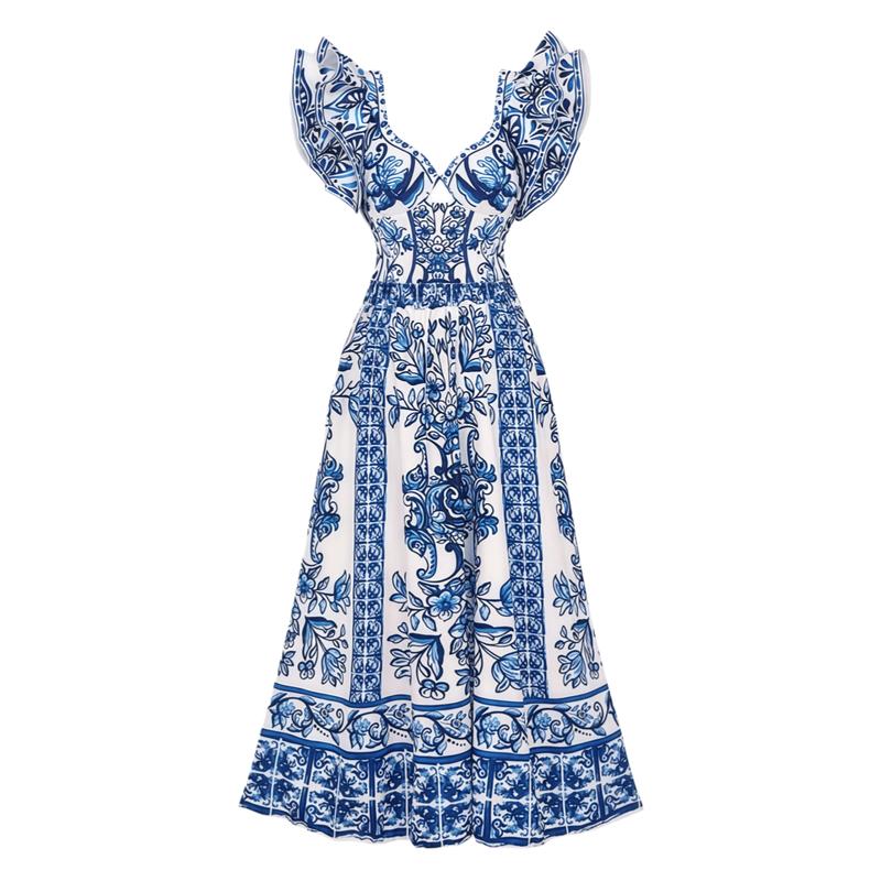 Women's Ruffle Blue Porcelain Print Swimsuit Set - THREE Piece/Bikini with Cover Up Skirt Sarong for Beach & Vacation