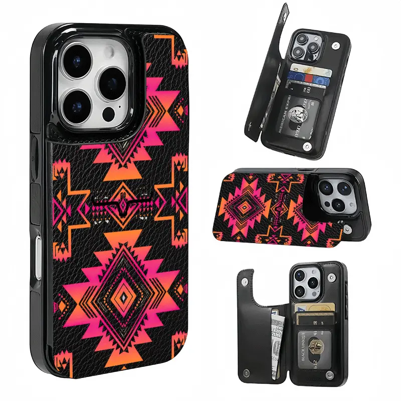 Orange and Pink Tribal Geometric Bull Motif, This phone case features a card slot function, can store bank cards, transit cards and other cards, suitable for iPhone 17/16/15/14/13/12, and makes a great gift for girls.