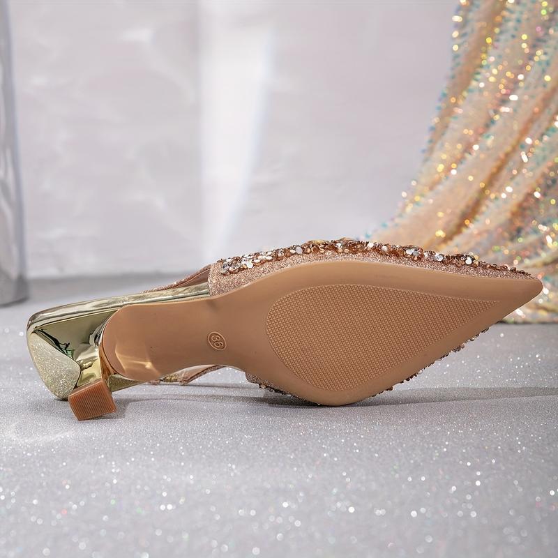 (New)Sexy Rhinestone High Heels - Single Shoes, European And American Pointed Shallow Mouth Sequins Slimming One-word Strap Sandals, Thin Heel Banquet Shoes