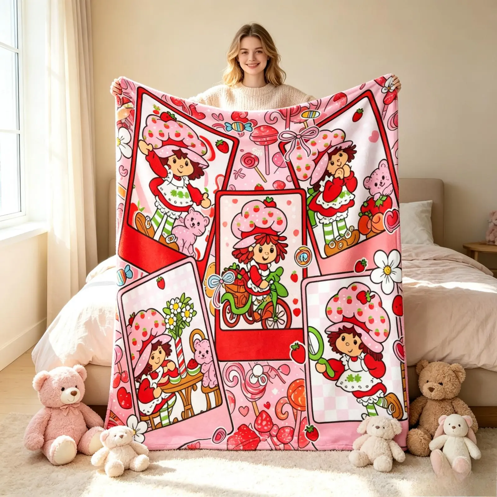 Strawberry Shortcake Flannel Throw Blanket, Cute Nostalgic Strawberry Girl Kitty Cartoon Print Soft Lightweight Cozy Aesthetic Blanket, Four Season Kids Bedroom Sofa Home Decor, Ideal Birthday Christmas Holiday Gift TikTok Viral Amazon Must Have