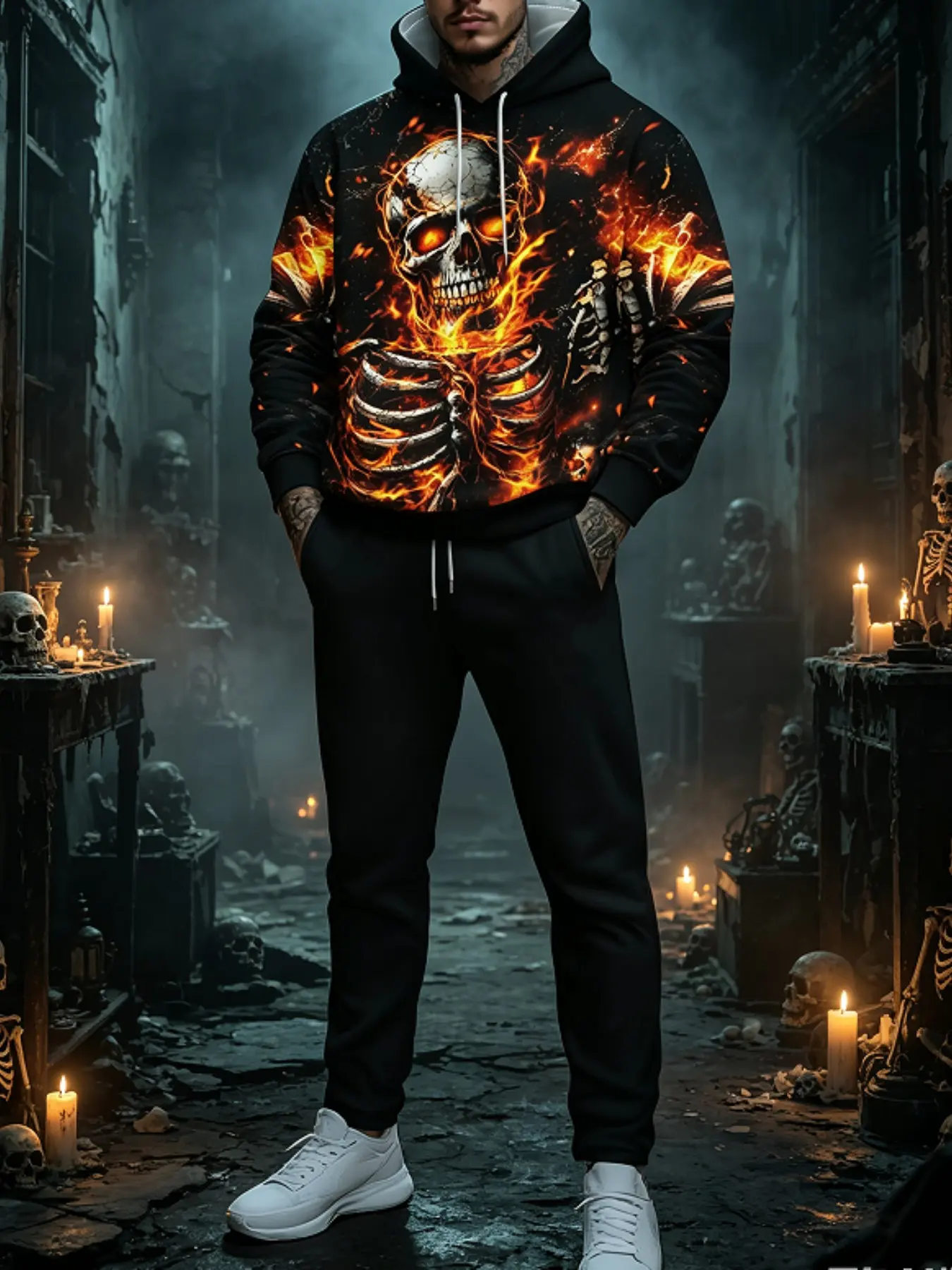Men's 2 Piece Tracksuit Fiery Skeleton Print Oversized Hoodie and Jogger Pants Set Casual Long Sleeve Outfit Halloween Streetwear For Party