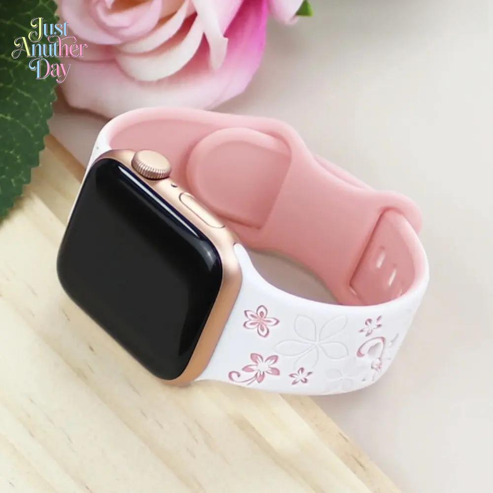 Floral Engraved Silicone Apple Watch Band – Cute Sport Strap (38–49mm, Series & Ultra)